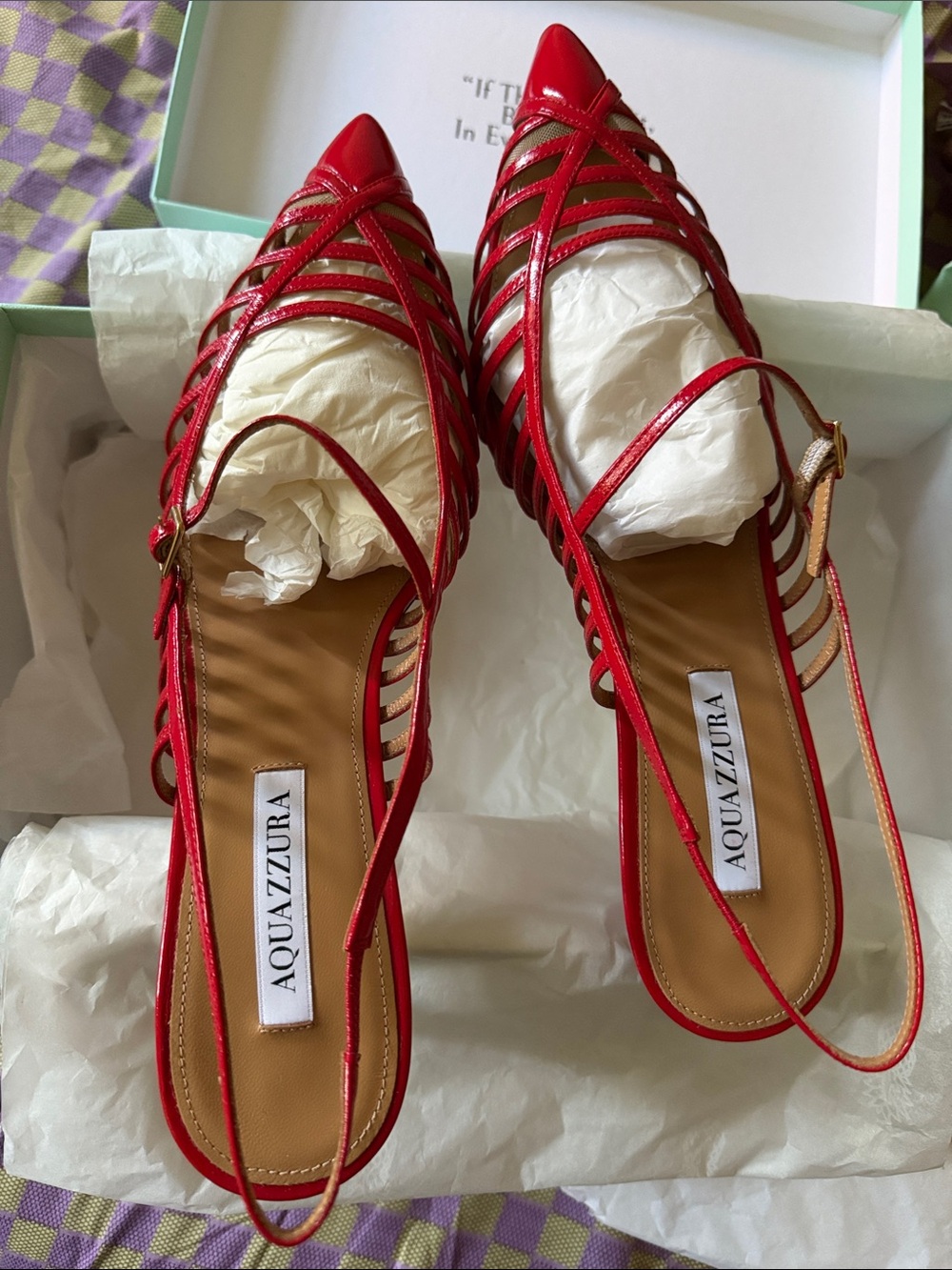 Aquazzura Red Strappy Pointed Slingback Flats
Size: It can fit an 11, 11.5 or 12